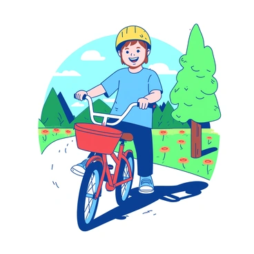 A blue child wearing a bright yellow helmet is riding a bicycle down a sunny path. The bicycle is a vibrant red with shiny handlebars and a small basket in front. The child has both hands on the handlebars, smiling with enthusiasm. In the background, there are green trees and a clear sky. The path is lined with orange flowers, adding a touch of color to the scene, emphasizing the joy of safe riding.