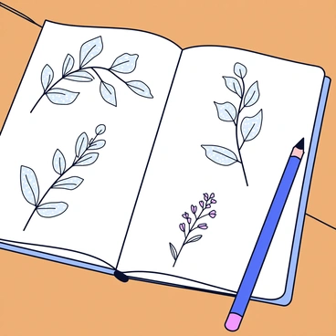 An artist's sketchbook is open on a wooden table. The page visible features detailed sketches of thyme plants. The sketches show a variety of thyme leaves, highlighting their oval shape and textured surface. There are also sketches of thyme flowers, illustrating their small, delicate petals. A pencil lies next to the sketchbook, adding to the artistic setting. The light casts soft shadows across the page, emphasizing the intricate details of the drawings.