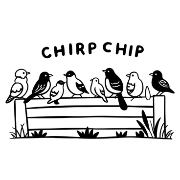 A group of birds perched on a wooden fence, each showcasing distinct patterns and features. The birds are arranged closely, with some facing left and others facing right, creating a lively scene. Each bird has a unique shape and size, with varying wing designs and tail lengths. Some are standing on the fence, while others are slightly flapping their wings, adding to the dynamic feel. “Chirp chirp” is written prominently in the air around them, emphasizing their cheerful moment. The background features a simple landscape with grass and trees in silhouette.