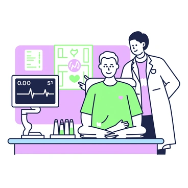 A patient is seated on a medical examination table in a doctor's office. The patient is a middle-aged individual wearing a light blue hospital gown, with a calm expression. In front of them, a digital monitor displays heart rate readings, showing a fluctuating line graph along with numerical figures. The background features a medical chart on the wall and various medical instruments on a nearby counter. A doctor, dressed in a white coat, stands beside the patient, pointing towards the screen while discussing the readings.