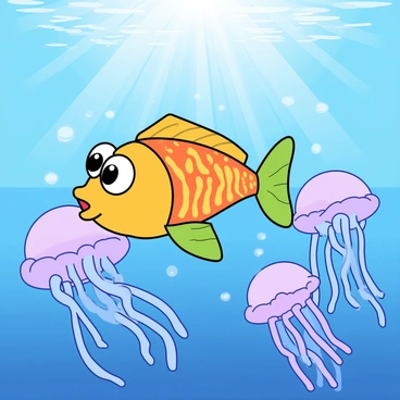 A vibrant, curious fish with colorful scales swimming gracefully in clear blue water. The fish has large, expressive eyes and is gliding alongside a group of gentle jellyfish, each with soft, translucent bodies and long, flowing tentacles. The jellyfish are gently pulsating, giving off a soft glow in shades of pink and purple. Sunlight filters through the water's surface, creating sparkling patterns that dance around the fish and jellyfish. Various small bubbles float upward, adding to the lively underwater scene.