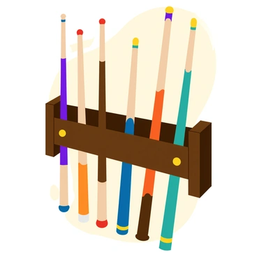 A wall-mounted rack made of dark wood holding a collection of polished billiard cues. Each cue is distinct, featuring various colored designs and finishes that reflect light. The cues are arranged neatly with their tips facing downwards. The backdrop is a light-colored wall, providing contrast to the dark wood of the rack. There are small brass brackets securing the cues in place, adding a touch of elegance to the display. The overall presentation is organized and showcases the beauty of each billiard cue.