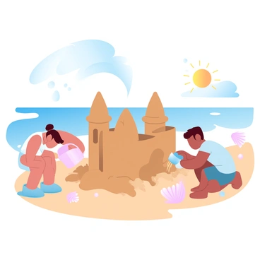 A group of children is building a sandcastle on the beach. One child is bending down, carefully molding wet sand with their hands. Another child is pouring water from a plastic bucket, helping the sand clump together more effectively. The sandcastle has tall towers and a moat around it, with a few seashells scattered nearby. In the background, gentle waves are rolling onto the shore, and the sun is shining brightly in a clear blue sky.