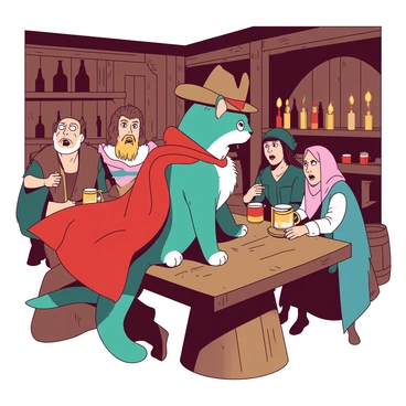 A teal Puss in Boots stands on a wooden table in the center of a bustling tavern. The cat is wearing a small, stylish hat and a vibrant red cape flowing behind him. Around the table, a group of villagers, dressed in rustic clothing, sit captivated by the tales being told. Some villagers have mugs of ale in hand, while others lean in closer with expressions of excitement. The tavern has wooden beams and a warm ambiance, with flickering candles casting soft light on the scene. There are barrels and shelves filled with various bottles in the background, completing the lively atmosphere.