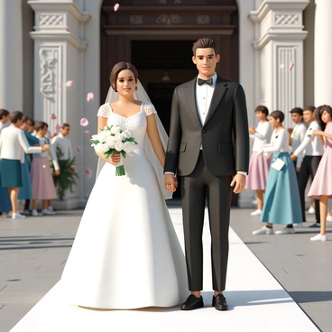A bride, wearing a beautiful white wedding gown with intricate lace details and a long veil, is stepping out of a grand city hall. Her hair is elegantly styled, and she holds a bouquet of vibrant white roses. Beside her, a groom is dressed in a classic black tuxedo with a white shirt and a black bow tie. He stands proudly, smiling as he holds the bride's hand. The entrance of the city hall is adorned with large stone columns and ornate architectural details, and there is a crowd of family and friends gathered outside, some throwing flower petals into the air to celebrate the occasion.