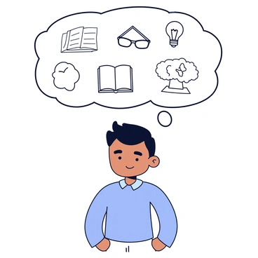A person standing with a neutral expression. Above their head is a large thought bubble filled with a variety of small, sketched ideas. The ideas include a light bulb, a tree, a book, a pair of glasses, and a heart. Each sketch is simple and outlined in black, showcasing a minimalistic design. The person is wearing a plain shirt, and their hair is styled simply.