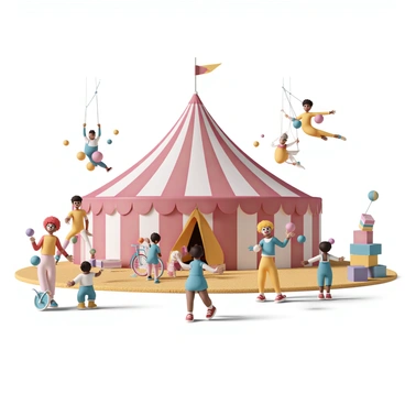 A vibrant circus scene featuring a large red and white striped big top tent in the background. In the foreground, a group of clowns dressed in colorful costumes, with oversized shoes and bright wigs, are juggling colorful balls. Nearby, acrobats in matching bright outfits are performing aerial stunts, swinging gracefully from hanging ribbons. The atmosphere is filled with excitement as children watch with wide eyes, some holding balloons. The ground is covered with sawdust and there are various circus props like a unicycle and a stack of colorful boxes.
