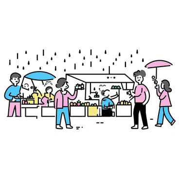 A bustling market scene, featuring several vendors selling a variety of goods. Each vendor is situated under a makeshift tarp to shield themselves from the rain. Customers are browsing the stalls, holding umbrellas and engaging in lively conversations. The ground is wet from the rain, and puddles can be seen forming. Colorful fruits and vegetables are displayed prominently on the tables, while some vendors are offering handmade crafts. The atmosphere is dynamic, with people moving about, and the sound of raindrops falling on the tarps creates a rhythmic backdrop.