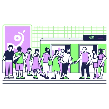 A busy subway station is filled with commuters waiting for their train. The platform is crowded with individuals of various ages, some standing, while others are sitting on benches. People are holding bags and phones, glancing at the arrival board. To the left, a large advertisement is displayed above the tracks. The walls of the station feature green and purple tiles, and a train is approaching the platform, creating a breeze that lightly ruffles some commuters' clothing. In the background, turnstiles are visible, through which more passengers are entering the station.