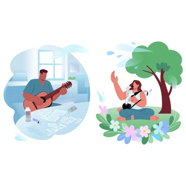 Two musicians are immersed in their craft, each playing the same song without awareness of the other. One musician is in a cozy, dimly lit room surrounded by various instruments, showcasing a guitar and music sheets spread out on a table. Sunlight filters in through a window, casting a warm glow on the scene. The second musician is outdoors in a vibrant park setting, holding a saxophone. Trees with lush green foliage surround her, and colorful flowers fill the foreground. A gentle breeze causes the leaves to sway, adding a dynamic element to the peaceful atmosphere. Both musicians are focused on their instruments, creating a harmonious connection despite the distance between them.