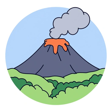 A panoramic view of a volcano erupting from a distance. The volcano has a conical shape with a rugged surface. Bright orange lava flows down the sides, contrasting against the dark gray rocks. Thick, billowing clouds of gray smoke rise high into the sky from the crater. The landscape surrounding the volcano is filled with patches of green vegetation, showcasing a stark contrast to the fiery eruption. A clear blue sky provides a backdrop to the dramatic scene.