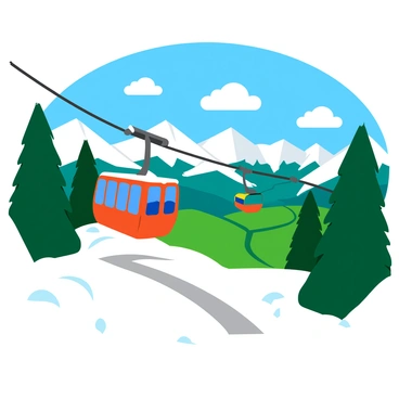 A colorful cable car climbing a snowy mountain, surrounded by tall evergreen trees dusted with fresh snow. The cable car has large windows, allowing panoramic views of the landscape below. In the distance, a valley filled with white snow-covered peaks is visible, alongside a clear blue sky adorned with fluffy white clouds. The scene captures the essence of winter, showcasing the beauty of nature and the excitement of the ascent.