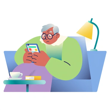 An elderly person with silver hair is sitting on a comfortable couch, looking intently at a smartphone held in their hands. They have deep-set wrinkles that tell a story of a long life, and they are wearing reading glasses that sit low on their nose. The smartphone screen displays a cluttered app interface with colorful icons and notifications. The elderly person is furrowing their brow in concentration, and on the coffee table in front of them, there is a cup of tea and a small notebook with notes written inside. A cozy lamp beside them casts a warm glow over the scene.