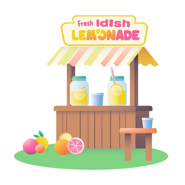 A child's lemonade stand made of wooden planks is situated on a grassy area. The stand is adorned with vibrant, colorful signs that read "Fresh Lemonade" and "Grapefruit Splash" in bold letters. Surrounding the stand are bright yellow jars filled with lemonade, showcasing slices of lemon floating inside. There are also several grapefruits placed artfully around the stand, their pink and yellow hues contrasting with the green of the grass. The scene is lively, with a small wooden table next to the stand holding cups for serving, all set under a clear blue sky.