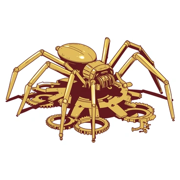 A large mechanical spider with intricate brass plating is crawling over a cluster of shiny brass gears. The spider has multiple articulated legs, each joint adorned with small rivets. Its body is segmented, revealing a complex inner mechanism with spinning cogs and pistons. The gears beneath the spider are different sizes, showcasing a mix of polished and weathered surfaces. The overall scene captures the essence of steampunk aesthetics through the detailed craftsmanship of the mechanical elements.