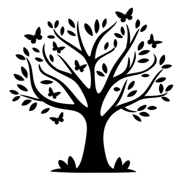 A large tree with a thick trunk stands tall in the center of the image. Its branches extend wide, showcasing a dense canopy of leaves. Numerous butterflies are resting on the branches, each in different poses, with their wings elegantly spread. The butterflies vary in size and shape, creating a variety of silhouettes against the black-and-white backdrop. Some butterflies are perched on the leaves, while others are settled directly on the branches, adding to the rich texture of the scene. The ground is layered with fallen leaves, enhancing the natural setting around the tree.