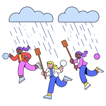 A group of Quidditch players in colorful uniforms is flying on broomsticks, navigating through a downpour of rain. The raindrops create splashes as they dive and maneuver in the air. Each player displays a focused expression, showcasing their determination to complete the match. The balls, including a Quaffle and Bludgers, are visible amidst the rain. Dark clouds loom overhead, highlighting the intensity of the storm. The scene captures the excitement and challenge of the game as the players skillfully avoid the heavy rain.