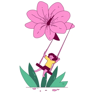 A large pink flower with vibrant, oversized petals is positioned prominently in the center of the image. From the flower's center, a swing made of thick, sturdy ropes hangs down, and a child is seated on the swing. The child, with a bright smile, is wearing a yellow shirt and is flying joyfully through the air, legs kicked out and arms extended. The background is filled with soft, green foliage that contrasts with the flower, enhancing the playful and lively atmosphere of the scene.
