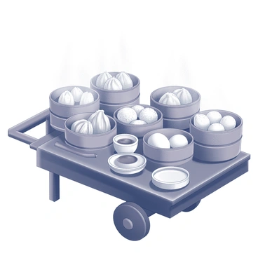 A dim sum cart is filled with various steaming baskets. Each basket contains an assortment of dumplings, with some showcasing intricate folds and pleats. Other baskets hold soft, fluffy buns, some filled with different types of savory ingredients. The cart itself has a polished surface, and there are small serving bowls and chopsticks available nearby. Steam rises gently from the baskets, creating a slightly hazy atmosphere around the cart.