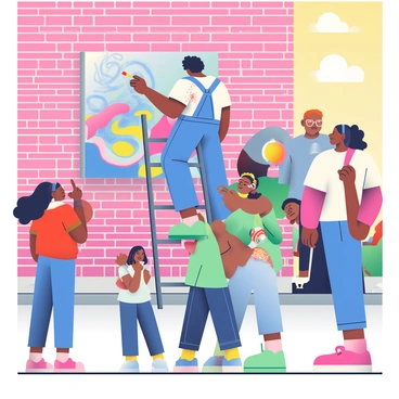 An artist with dark skin and curly hair is standing on a ladder, painting a colorful mural on a brick city wall. The mural features vibrant patterns in shades of blue, pink, and yellow. The artist is wearing a white t-shirt splattered with paint and overalls. Around the artist, a diverse group of curious onlookers, including a teenage girl with braids, a man with glasses, and a child holding a balloon, are watching intently. The onlookers are standing on the sidewalk, some pointing at the mural while others are taking photos with their phones. The scene is set during the day, with bright sunlight illuminating the mural and the faces of the people.