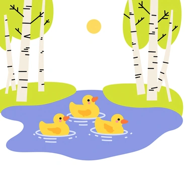 A group of three yellow ducks with orange beaks is swimming in a clear blue pond. The ducks are splashing water as they paddle along. Surrounding the pond are several green birch trees with white bark and lush green leaves. The vibrant greenery reflects on the surface of the water, creating a lively and cheerful scene. The sun is shining brightly, casting gentle ripples across the pond's surface.