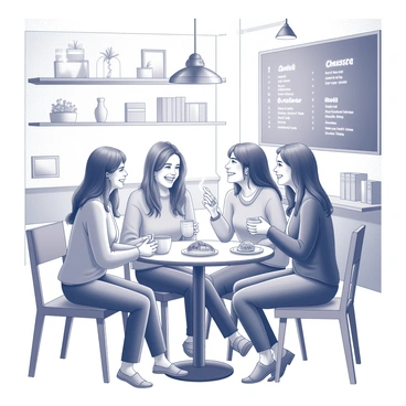 A cozy cafe interior featuring a group of four friends seated around a small, round wooden table. Each friend is holding a coffee cup, with steam rising from the cups. One friend has a plate of pastries, including a croissant and a danish, in front of them. The cafe has a warm atmosphere, with soft lighting from hanging lamps and shelves lined with books and plants. The friends are engaged in lively conversation, with smiles and laughter visible on their faces. The walls are decorated with framed artwork and a large chalkboard menu.