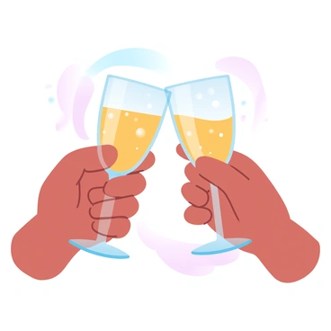 Two hands are clinking coupe glasses filled with a sparkling beverage in a celebratory toast. The glasses are elegantly shaped with thin stems and a wide bowl. Bubbles are rising in the drinks, reflecting light in a shimmering manner. The background features a soft gradient of pastel colors that enhance the festive atmosphere. There is a subtle sparkle effect around the glasses, emphasizing the celebration.
