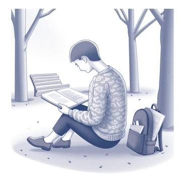 A person sitting on a grassy area of a campus. They are wearing a knitted sweater with a classic pattern, paired with loafers on their feet. The individual is holding an open book, focused on the pages, with a slight tilt of their head indicating concentration. Surrounding them are trees with thick trunks and a few scattered benches. The ground is uneven, with patches of grass and small stones interspersed. A backpack is placed beside them, partially unzipped, revealing a notebook and some stationery.