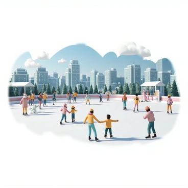 A large ice skating rink in a city setting, surrounded by tall buildings and festive lights. Many people of various ages are skating on the ice, some gracefully gliding while others attempt to stay balanced. Children are laughing and playing, wearing colorful winter jackets and hats. A couple is holding hands as they skate together, while a family is taking a photo near the edge of the rink. There are decorative ice sculptures placed around the area, and a vendors' stall is visible in the background selling hot chocolate and snacks. The sky is clear with the sun shining down, casting shadows on the ice.