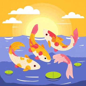 A group of colorful koi fish with vibrant patterns is swimming gracefully beneath a sunset. The scales of the koi fish reflect shades of orange, pink, and gold as they catch the light. The water is a mix of deep blue and warm yellow tones, creating a dynamic contrast. A few lily pads float on the surface, and gentle ripples form around the koi as they glide through the water. The sky above is filled with clouds illuminated by the setting sun, enhancing the overall glow of the scene.