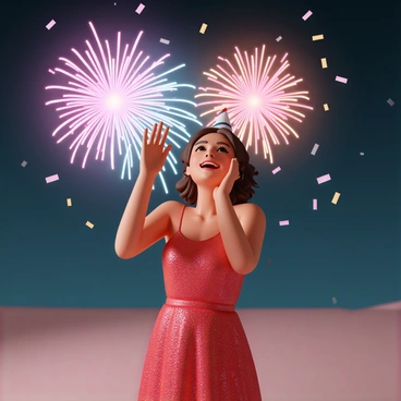 A woman, wearing a sparkling red dress, stands in an open area, looking up with her hands clapping in delight. Her hair is styled in loose curls, and she has a party hat on her head. Around her, vibrant fireworks explode in brilliant colors against the night sky, illuminating her joyful expression. Confetti floats gently in the air, adding to the festive atmosphere of her birthday celebration.