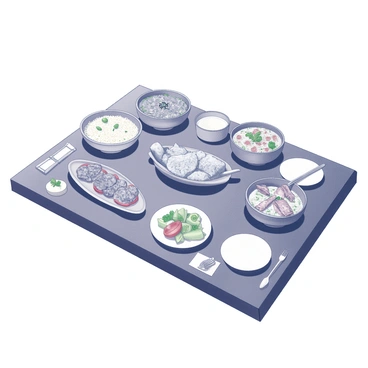 A table laden with a variety of dishes representing different cultures. The table is rectangular with a polished finish, serving as a canvas for an array of culinary delights. Each dish is distinct in shape and presentation, featuring intricate details. There are vibrant bowls filled with rice and vegetables, platters displaying succulent meats, and small plates containing assorted appetizers. The arrangement is inviting and highlights the cultural diversity of the foods. A collection of utensils and napkins is neatly placed beside each dish, emphasizing the dining experience.