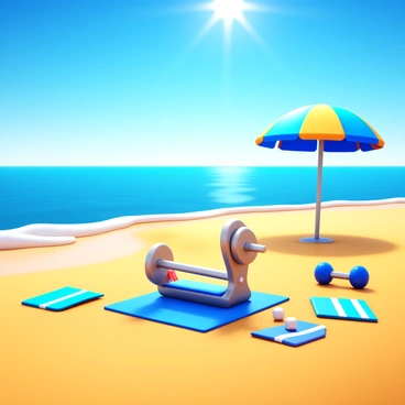 A makeshift gym set up on the beach with a leg curl machine placed directly on the sand. The leg curl machine features bright colors and metal components, contrasting against the golden sand. Surrounding the gym are beach towels and a few weights scattered nearby. In the background, gentle waves lap at the shore, while a clear blue sky stretches overhead. Sunlight reflects off the water, creating a vibrant atmosphere. A beach umbrella can be seen to one side, providing shade for nearby beachgoers.