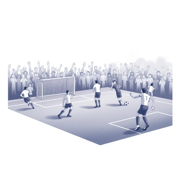 A soccer match in progress on a well-maintained field. Players in uniform are actively engaged in the game, some running towards the ball while others are positioned strategically. There are visible goalposts at either end of the field. The scene also features a crowd of spectators in the background, waving their hands and cheering enthusiastically. Various expressions of excitement and tension are visible on the faces in the crowd.