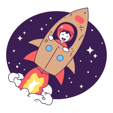 A child in a cardboard rocket ship, blasting off to outer space filled with stars.