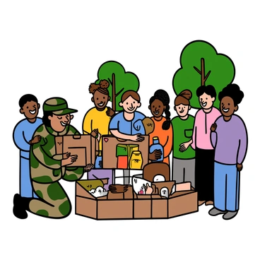 A soldier with light skin and short dark hair is kneeling on the ground, distributing supplies to a diverse group of community members. The soldier is wearing a camouflage uniform and a military cap. In front of him, a woman with dark skin and braided hair is receiving a box of food, while a young boy with light skin and short brown hair is holding a water bottle. Around them, there are cardboard boxes filled with various supplies, and several people are gathered, smiling and expressing gratitude. The setting is outdoors, with trees and a clear sky in the background, highlighting the sense of community and support.