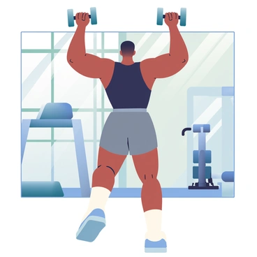 A person with dark skin is performing lateral raises in a modern gym. They are wearing a fitted black tank top and grey athletic shorts. The person’s arms are raised at shoulder height, holding light blue dumbbells. Their posture is upright, with a slight bend in the knees, and their core is engaged for stability. In the background, there are various gym equipment, including a treadmill and weight benches. Mirrors reflect the person’s movements, emphasizing their focus on form and technique. Natural light streams in through large windows, illuminating the gym space.
