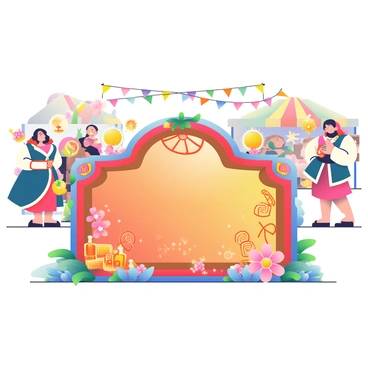 A cultural plaque made of polished wood is prominently displayed in the foreground. The plaque features intricate carvings representing local traditions, including motifs of traditional clothing, musical instruments, and festive symbols. Colorful decorations adorn the edges of the plaque, with strings of bright flags and vibrant flowers surrounding it. In the background, a lively festival scene unfolds with people dressed in traditional attire, dancing and celebrating joyfully. Some festival-goers are holding decorative lanterns, and there is a backdrop of colorful tents and stalls showcasing local crafts and foods. The atmosphere is filled with energy and excitement, capturing the essence of the vibrant festival.