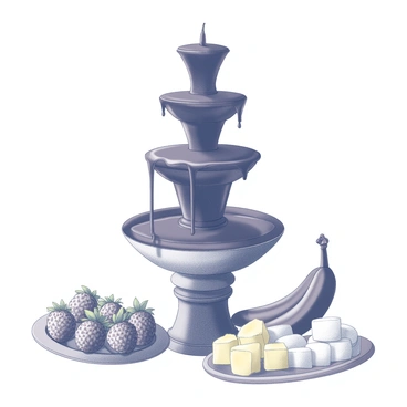 A large chocolate fountain with multiple tiers, elegantly cascading rich dark chocolate. Surrounding the fountain, there are an assortment of fresh fruits such as strawberries, bananas, and pineapple pieces, arranged neatly on a decorative platter. There are also a variety of fluffy marshmallows placed nearby, ready for dipping. The setup includes elegant decorative elements, enhancing the luxurious presentation. The scene is inviting and designed for a delightful dessert experience.