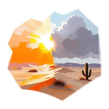 A vast desert landscape showcasing two distinct halves. On one side, the terrain is bathed in a scorching sun, with golden sand dunes shimmering under the bright light. The sun casts harsh shadows, creating stark contrasts in the landscape. On the opposite side, dark clouds loom overhead, covering the sky and casting a cooler, muted light onto the sandy ground. In this area, the sand appears softer and less vibrant, while a few cacti can be seen struggling against the elements. The division between the sunlit and cloudy sections is clear, illustrating the dramatic change in atmosphere.