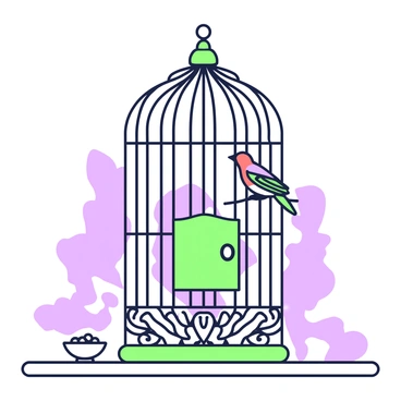 An antique birdcage with intricate designs sits on a wooden table. The birdcage features ornate patterns and a small door on the front. Inside the cage, there is a colorful songbird perched on a thin branch. The bird has vibrant feathers with detailed markings. Surrounding the base of the cage, there is a small dish filled with seeds. In the background, soft shadows are cast by the ornate designs of the cage.