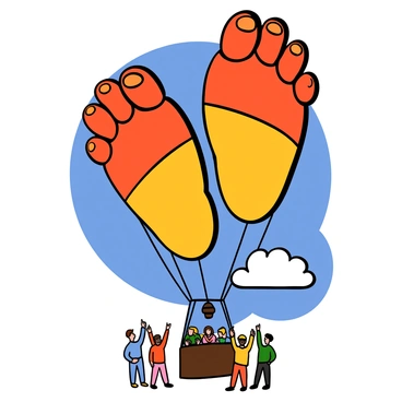 A hot air balloon designed to resemble a pair of giant feet is floating in a clear blue sky. The balloon is colored in a bright mix of red and yellow, with detailed textures to mimic the appearance of skin. Each foot has realistic toes and nails painted in a glossy color. Below the balloon, a small crowd of people is looking up in wonder, with some pointing at the unique shape. The sun is shining brightly, casting shadows on the ground below.