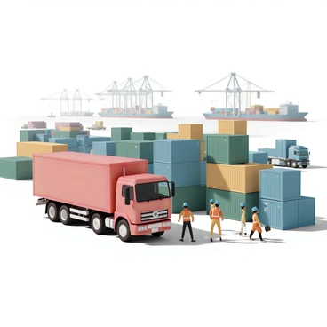 A large truck, painted in bright red, is parked at a bustling port, surrounded by numerous large shipping containers. The truck's cargo area is open, and several workers, wearing blue hard hats and orange safety vests, are actively loading the containers onto the truck. The containers are various colors, including green, blue, and yellow, stacked high on the dock. In the background, several cranes can be seen lifting additional containers from nearby cargo ships, while a busy scene of other trucks and workers unfolds around them. The sky is clear, and the sun casts distinct shadows on the ground.
