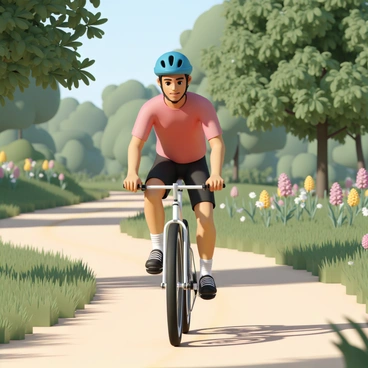 A cyclist, wearing a bright blue helmet, a fitted red shirt, and black shorts, is riding confidently down a winding dirt trail surrounded by lush green trees and vibrant wildflowers. The bicycle is a sleek mountain bike with thick tires and a shiny frame. The cyclist's posture is upright, showcasing a determined expression on their face as they navigate the curves of the trail. Sunlight filters through the leaves, casting dappled shadows on the ground.