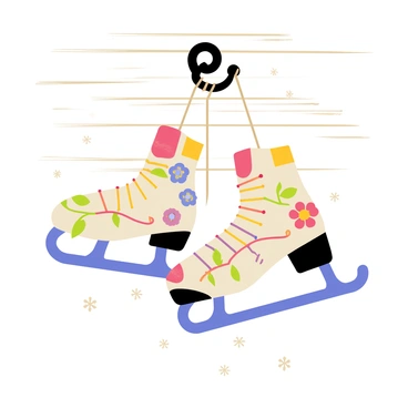 A pair of ice skates with intricate floral patterns and vibrant colors is hanging from a vintage iron hook. The skates have shiny blades that catch the light, and the laces are tied in a neat bow. The hook is mounted on a rustic wooden wall, adding an element of charm to the scene. Nearby, there are soft white snowflakes softly falling, creating a wintery atmosphere around the skates.