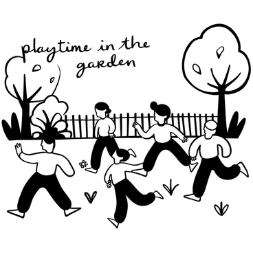 A young girl with dark hair is playing in a sunlit garden, surrounded by her siblings. They are all engaged in a game, running and laughing together. The garden is filled with flowers, and there are trees providing shade. In the background, there is a small wooden fence and a bright blue sky. The children are wearing simple, vintage clothing, typical of the era, and are barefoot on the grass. "Playtime in the garden" is written above them, capturing the joy of the moment.