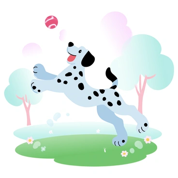 A dalmatian with black spots is joyfully playing with a bright red ball in a grassy park. The dog is leaping into the air, paws outstretched towards the ball. Surrounding the dog is a vibrant green lawn with patches of wildflowers scattered throughout. The sun casts a warm glow over the scene, creating a pleasant atmosphere. In the background, there are a few trees with lush foliage, adding depth to the park setting.