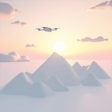 A drone, sleek and modern, is soaring above a range of majestic snow-capped mountain peaks. The mountains are rugged, their white summits glistening under the early morning light. The sky is a stunning gradient of gold, orange, and soft pink hues as the sun rises on the horizon. The clouds are wispy and illuminated by the sunlight, creating a beautiful contrast against the vibrant sky. The drone, with its propellers spinning, captures the breathtaking scenery from above, providing a unique perspective of the tranquil winter landscape below.