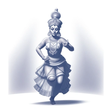 A Kathakali performer positioned center stage, showcasing intricate and elaborate makeup that highlights vibrant facial patterns and expressive features. The performer is adorned in a traditional costume comprising multiple layers, with rich textures and detailed embellishments. The outfit features a large, ornate headdress that towers above, further accentuating the performer's presence. In the background, soft lighting creates a dramatic contrast, focusing attention on the performer’s dynamic poses, which embody the storytelling aspect of Kathakali dance. The stage is adorned with minimal props, enhancing the overall emphasis on the performer’s captivating presence.