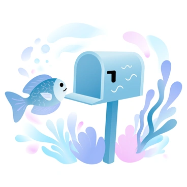 A whimsical underwater mailbox is positioned amongst colorful coral and swaying seaweed. The mailbox is painted in bright pastel colors, with intricate designs adorning its surface. A curious fish with vibrant scales swims nearby, its fins fanning out as it approaches the mailbox. Tiny bubbles float upwards from the fish, adding to the lively underwater scene. Sunlight filters through the water, creating a shimmering effect on the mailbox and surrounding marine life.